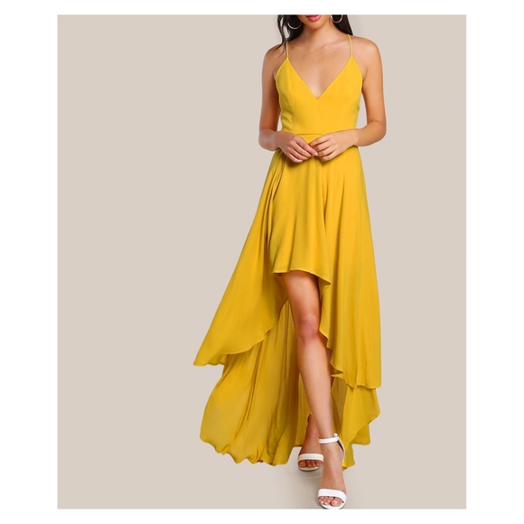 Yellow Sleeveless Lace Up Back High Low Maxi Dress - Picture 5 of 6